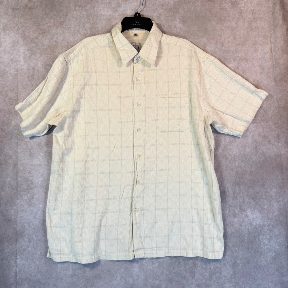 Geoffrey Beene Button Down Men XL Cream Grid Crinkle Texture Short Sleeve Shirt